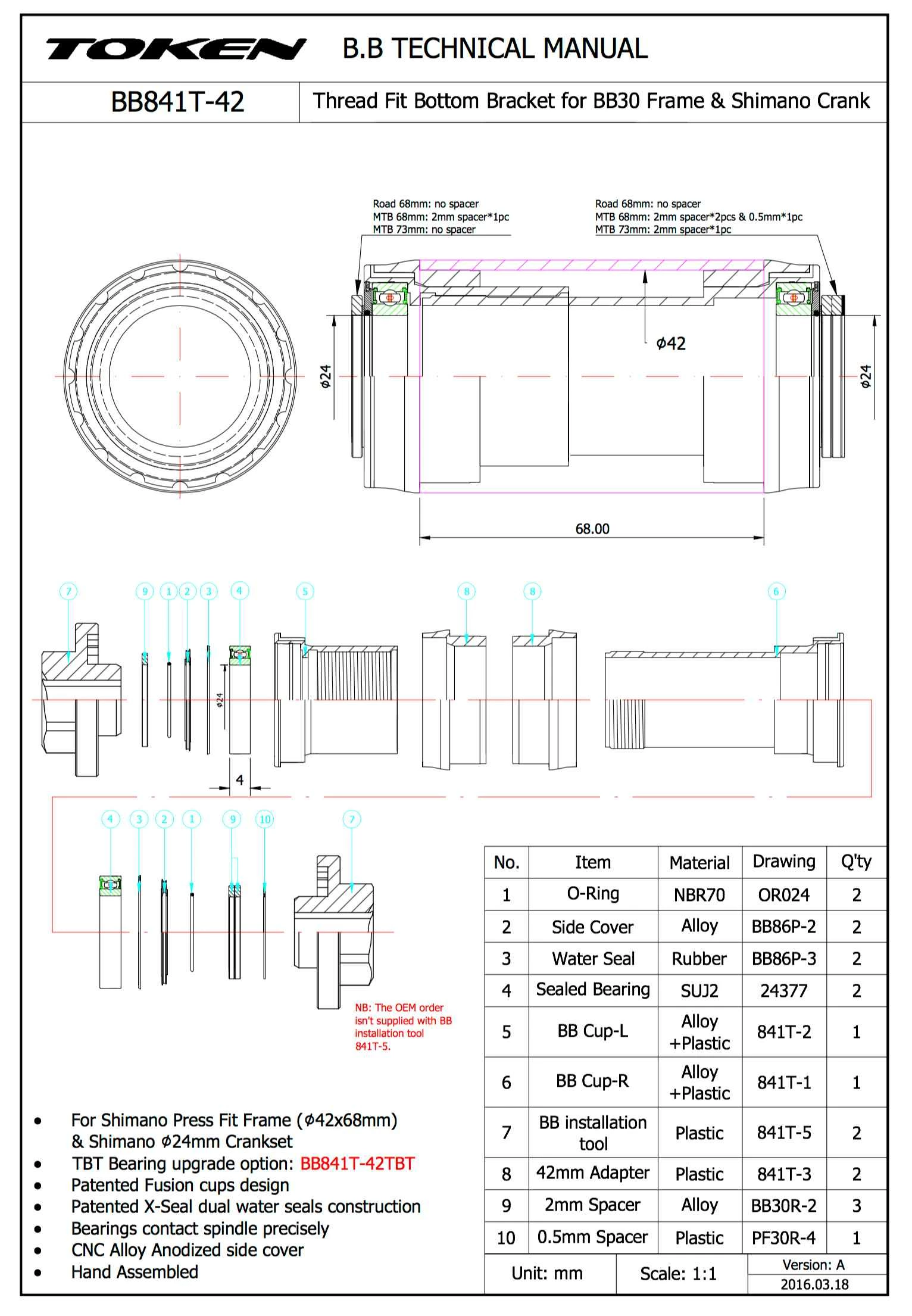 TOKEN Krankboks TF Pressfit Hollowtech - TK-BB841T-42 4 TOKEN Krankboks TF Pressfit Hollowtech - TK-BB841T-42 - Billede 2